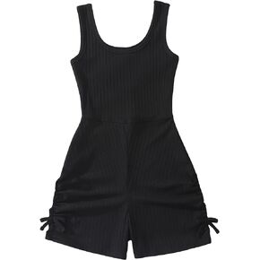 WDIRARA Girl's Ruched Tie Side Scoop Neck Sleeveless Ribbed Knit Romper Shorts Jumpsuit