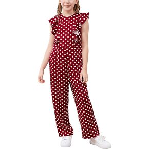 GORLYA Girls Ruffle Trim Flutter Sleeve Casual Jumpsuit Outfits Straight Wide Leg Long Pant Jumper Rompers 4-14T