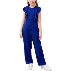 GORLYA Girls Ruffle Trim Flutter Sleeve Casual Jumpsuit Outfits Straight Wide Leg Long Pant Jumper Rompers 4-14T