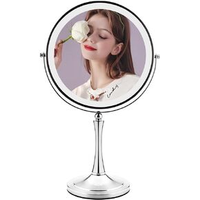 SLIMOON 10" Large Makeup Mirror with Lights, 1X/10X Magnifying Vanity Mirror with 3 Colors Dimmable Lightning, 96 LED Lights, 360°Rotation Double Sided Standing Desk Mirror