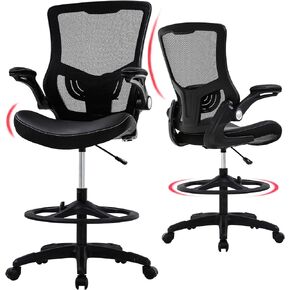 FDW Drafting Chair Mid-Back Mesh Tall Office Chair with Flip-Up Arms Desk Chair with Ergonomic Lumbar Support Foot Ring (Black, Office Chair)