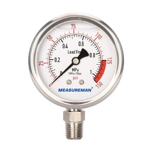 MEASUREMAN Lead-Free Glycerin Filled Reverse Osmosis Pressure Gauge, 2-1/2" Dial Size, 1/4"NPT Lower Mount, 0-150psi/Mpa