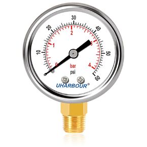 UHARBOUR Pool Filter Pressure Gauge 0-60psi, 2" Dial 1/4" NPT Lower Mount, Stainless Steel Pool Pressure Gauge, Pool Filter Pressure Gauge Replacement