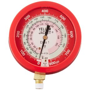 Yellow Jacket 49515 3-1/2" Liquid-Filled Gauge (Degrees F) Red Pressure, 0-800 psi, R-22/410A