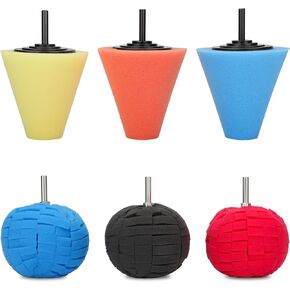 Linkstyle 6PCS Car Wheel Hub Drill Buffing Sponge Pads Kit,3 Inch Shank Polishing Pads for Wheel Hub Cleaning, Auto Cone Metal Polish Buffing Polishing Ball,for Automotive Car Wheels Care Buffing Tool