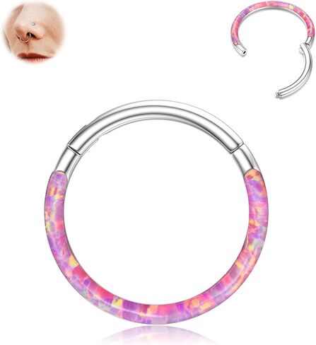 BodyBonita Hinged Opal Nose Rings Hoops - 16G/18G/20G 316L Surgical Steel Hinged Hoop Nose Rings for Women Septum Rings Conch Piercing Jewelry Helix Daith Cartilage Earrings Purple/Pink/Blue/White Opal 10mm/8mm Silver/Gold in Saudi Arabia