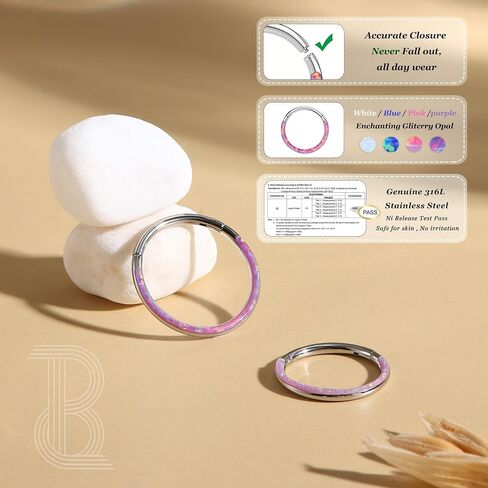 BodyBonita Hinged Opal Nose Rings Hoops - 16G/18G/20G 316L Surgical Steel Hinged Hoop Nose Rings for Women Septum Rings Conch Piercing Jewelry Helix Daith Cartilage Earrings Purple/Pink/Blue/White Opal 10mm/8mm Silver/Gold in Saudi Arabia