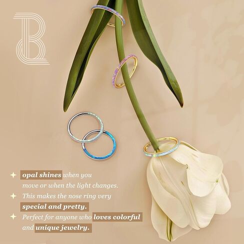 BodyBonita Hinged Opal Nose Rings Hoops - 16G/18G/20G 316L Surgical Steel Hinged Hoop Nose Rings for Women Septum Rings Conch Piercing Jewelry Helix Daith Cartilage Earrings Purple/Pink/Blue/White Opal 10mm/8mm Silver/Gold in Saudi Arabia