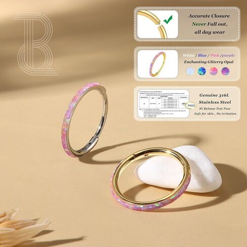 BodyBonita Hinged Opal Nose Rings Hoops - 16G/18G/20G 316L Surgical Steel Hinged Hoop Nose Rings for Women Septum Rings Conch Piercing Jewelry Helix Daith Cartilage Earrings Purple/Pink/Blue/White Opal 10mm/8mm Silver/Gold in Saudi Arabia