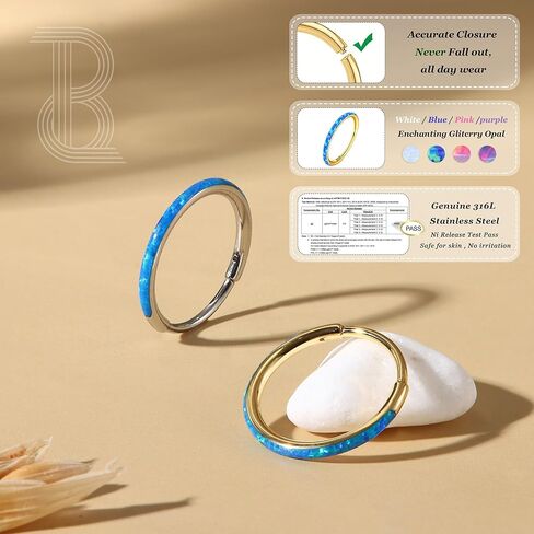 BodyBonita Hinged Opal Nose Rings Hoops - 16G/18G/20G 316L Surgical Steel Hinged Hoop Nose Rings for Women Septum Rings Conch Piercing Jewelry Helix Daith Cartilage Earrings Purple/Pink/Blue/White Opal 10mm/8mm Silver/Gold in Kuwait