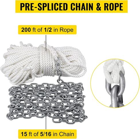 VEVOR Anchor Rope and Anchor Chain, 15' x 5/16" Boat Anchor Chain and 1/2" x 200' Nylon Rope with 12" Extended Anchor Rope, Galvanized Anchor Lead Chain and Three Strand Nylon Rope for Boats in Saudi Arabia