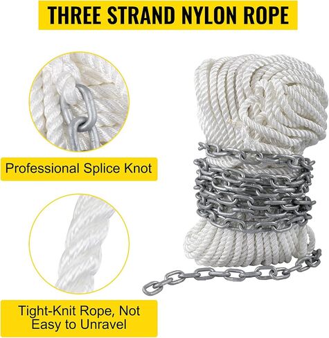 VEVOR Anchor Rope and Anchor Chain, 15' x 5/16" Boat Anchor Chain and 1/2" x 200' Nylon Rope with 12" Extended Anchor Rope, Galvanized Anchor Lead Chain and Three Strand Nylon Rope for Boats in Saudi Arabia