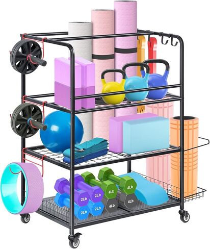 Home Gym Storage Rack, Yoga Mat Storage Racks, All in One Workout Equipment Storage Organizer for Yoga Ball Dumbbell Kettlebells Foam Roller Resistance Bands, Exercise Shelf with Hooks and Wheels in Kuwait