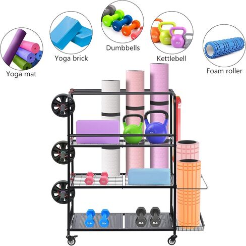 Home Gym Storage Rack, Yoga Mat Storage Racks, All in One Workout Equipment Storage Organizer for Yoga Ball Dumbbell Kettlebells Foam Roller Resistance Bands, Exercise Shelf with Hooks and Wheels in Kuwait