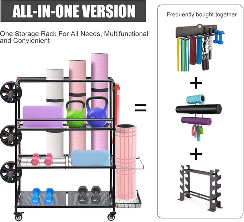 Home Gym Storage Rack, Yoga Mat Storage Racks, All in One Workout Equipment Storage Organizer for Yoga Ball Dumbbell Kettlebells Foam Roller Resistance Bands, Exercise Shelf with Hooks and Wheels in Kuwait