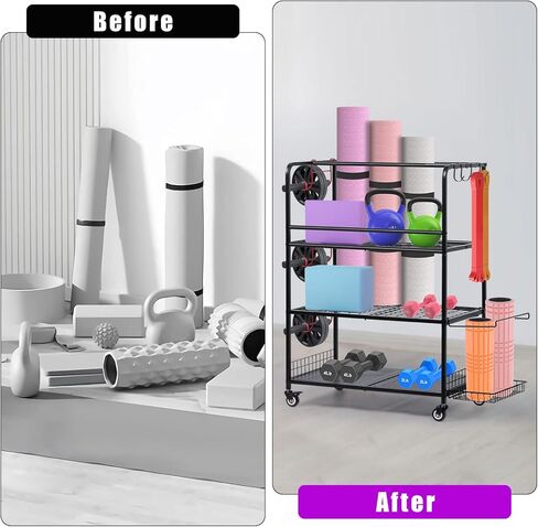 Home Gym Storage Rack, Yoga Mat Storage Racks, All in One Workout Equipment Storage Organizer for Yoga Ball Dumbbell Kettlebells Foam Roller Resistance Bands, Exercise Shelf with Hooks and Wheels in Kuwait