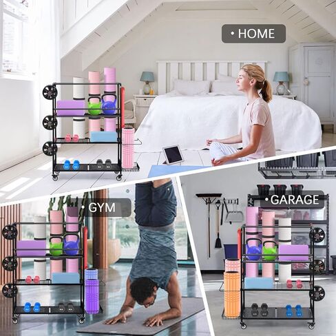 Home Gym Storage Rack, Yoga Mat Storage Racks, All in One Workout Equipment Storage Organizer for Yoga Ball Dumbbell Kettlebells Foam Roller Resistance Bands, Exercise Shelf with Hooks and Wheels in Kuwait