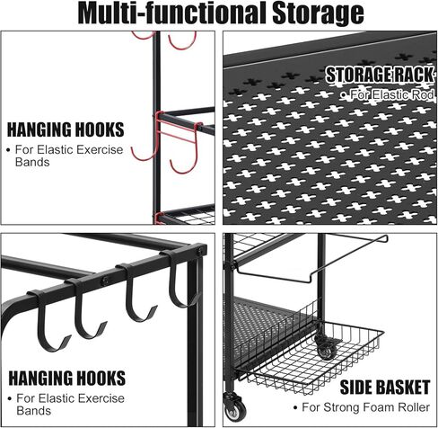 Home Gym Storage Rack, Yoga Mat Storage Racks, All in One Workout Equipment Storage Organizer for Yoga Ball Dumbbell Kettlebells Foam Roller Resistance Bands, Exercise Shelf with Hooks and Wheels in Kuwait