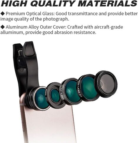 مجموعة عدسات 5 في 1 لأجهزة iPhone وAndroid، عدسة ماكرو 15X + عدسة زاوية واسعة 0.65x + عدسة عين السمكة 180 درجة + عدسة تليفوتوغرافي 2X + عدسة فلتر النجوم، عدسة كاميرا الهاتف، اللون أسود in Kuwait