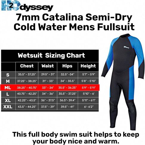 H2Odyssey Catalina 7mm Men's Semi-Dry Wetsuit - Cold Water Deep Sea Swim Suit in Saudi Arabia