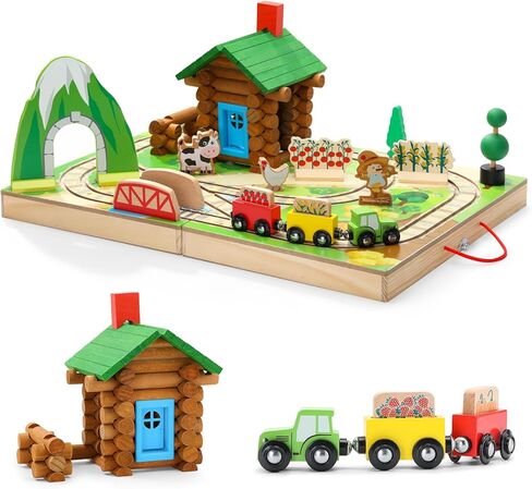 SainSmart Jr. 78 قطعة خشبية يمكن أخذها على طول سطح الطاولة، كابينة خشبية محمولة للمزرعة، مجموعات قطارات خشبية للأطفال من عمر 3 سنوات فما فوق - مواد معتمدة من مجلس رعاية الغابات (FSC) in Kuwait