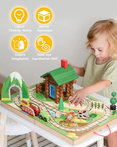 SainSmart Jr. 78 قطعة خشبية يمكن أخذها على طول سطح الطاولة، كابينة خشبية محمولة للمزرعة، مجموعات قطارات خشبية للأطفال من عمر 3 سنوات فما فوق - مواد معتمدة من مجلس رعاية الغابات (FSC) in Kuwait