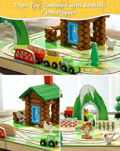 SainSmart Jr. 78 قطعة خشبية يمكن أخذها على طول سطح الطاولة، كابينة خشبية محمولة للمزرعة، مجموعات قطارات خشبية للأطفال من عمر 3 سنوات فما فوق - مواد معتمدة من مجلس رعاية الغابات (FSC) in Kuwait