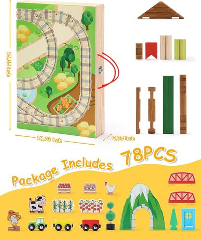 SainSmart Jr. 78 قطعة خشبية يمكن أخذها على طول سطح الطاولة، كابينة خشبية محمولة للمزرعة، مجموعات قطارات خشبية للأطفال من عمر 3 سنوات فما فوق - مواد معتمدة من مجلس رعاية الغابات (FSC) in Kuwait