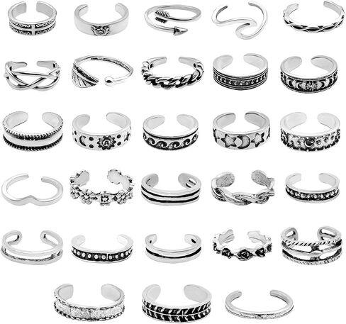 ZZ ZINFANDEL 28 Pcs Toe Rings - Adjustable Rings Toe Rings for Women Open Vintage Retro Finger Wave Toe Ring Beach Foot Jewelry Set (adjustable) in Saudi Arabia