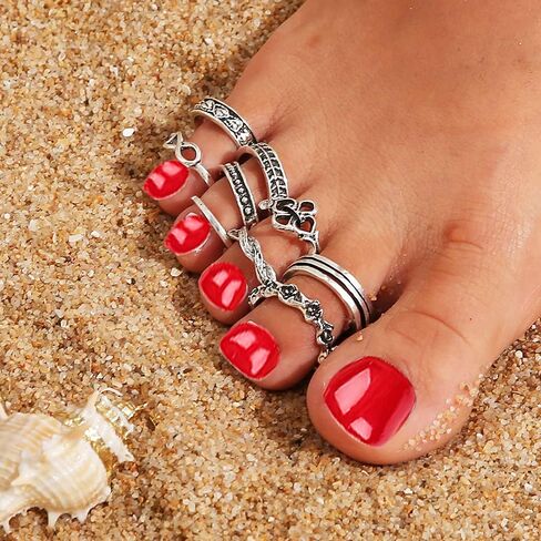 ZZ ZINFANDEL 28 Pcs Toe Rings - Adjustable Rings Toe Rings for Women Open Vintage Retro Finger Wave Toe Ring Beach Foot Jewelry Set (adjustable) in Saudi Arabia