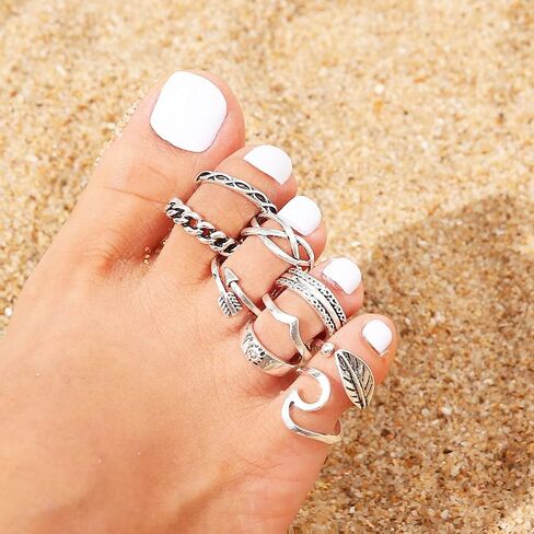 ZZ ZINFANDEL 28 Pcs Toe Rings - Adjustable Rings Toe Rings for Women Open Vintage Retro Finger Wave Toe Ring Beach Foot Jewelry Set (adjustable) in Saudi Arabia
