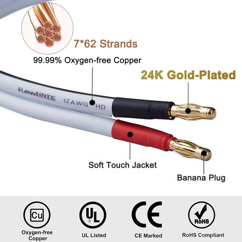 كابل مكبر صوت HiFi 12 AWG عالي الجودة ناعم الملمس من HANNLINTE (عبوتان، 10 أقدام)، سلك مكبر صوت موز مقاس 12 مع مقابس موز لسلك ثنائي ثنائي أمبير HiFi صوت محيطي خالي من الأكسجين، نحاس أبيض in Saudi Arabia
