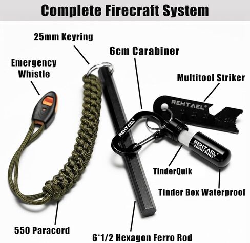 مجموعة أدوات إطلاق النار من الصوان والفولاذ للتخييم/المشي لمسافات طويلة - [6 × 1/2 بوصة] أداة النجاة من قضيب حديدي سداسي مع مهاجم/تيندركويك/صافرة - جهاز إشعال حريق من المغنيسيوم الكل في واحد - نظام إشعال in Kuwait