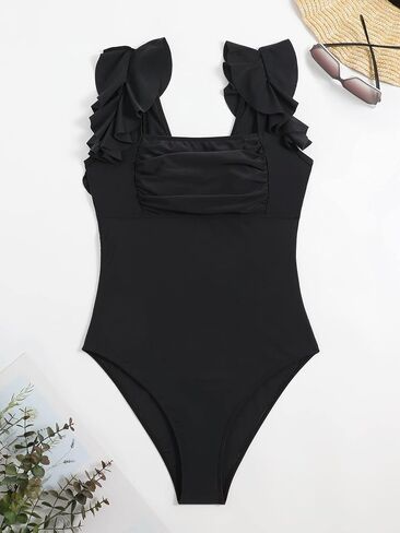 Verdusa Women's Ruffle One Piece Swimsuit Square Neck Wireless Bra Ruched Bust Tummy Control Bathing Suit in Saudi Arabia