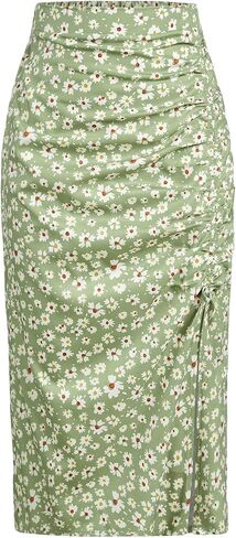 RoseSeek Girl's Summer Skirt Boho Floral Ruched Midi Skirt Split Thigh Waist Drawstring Skirt in Saudi Arabia