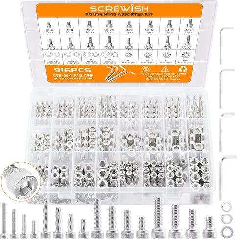 Screwish 916pcs Nuts and Bolts Assortment Kit,304 Stainless Steel Metric Bolts and Nuts Kit-Hex Socket Head Cap Screws with Nuts,Lock&Flat Washer Set(M3 M4 M5 M6) in Saudi Arabia