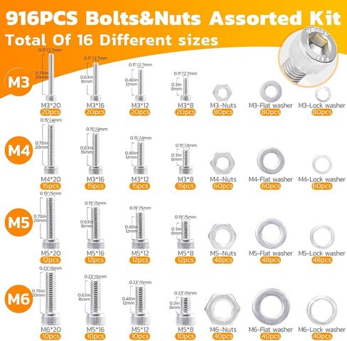 Screwish 916pcs Nuts and Bolts Assortment Kit,304 Stainless Steel Metric Bolts and Nuts Kit-Hex Socket Head Cap Screws with Nuts,Lock&Flat Washer Set(M3 M4 M5 M6) in Saudi Arabia