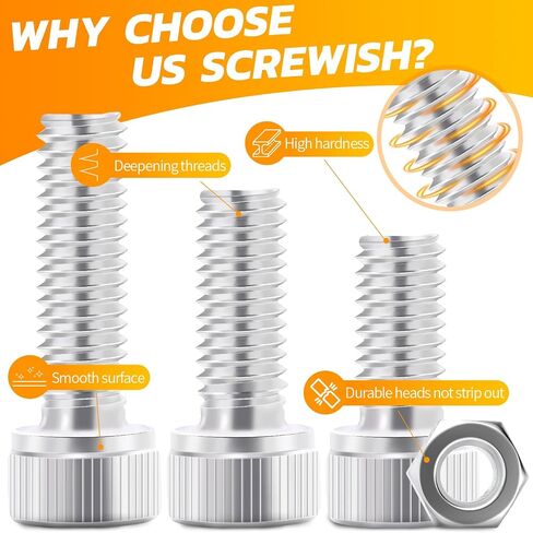 Screwish 916pcs Nuts and Bolts Assortment Kit,304 Stainless Steel Metric Bolts and Nuts Kit-Hex Socket Head Cap Screws with Nuts,Lock&Flat Washer Set(M3 M4 M5 M6) in Saudi Arabia