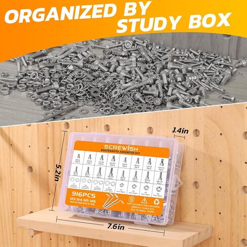 Screwish 916pcs Nuts and Bolts Assortment Kit,304 Stainless Steel Metric Bolts and Nuts Kit-Hex Socket Head Cap Screws with Nuts,Lock&Flat Washer Set(M3 M4 M5 M6) in Saudi Arabia