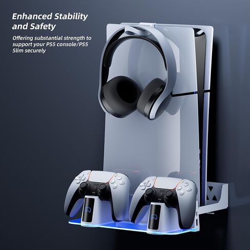 طقم تثبيت على الحائط Mytrix RGB مع محطة شحن مزدوجة لجهاز PS5، حامل على الرف متوافق مع كل من وحدات التحكم PS5 وPS 5 الجديدة النحيفة، حامل معلق على الحائط لملحقات Playstation 5 مع حامل سماعة الرأس in Kuwait