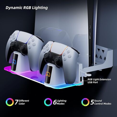 طقم تثبيت على الحائط Mytrix RGB مع محطة شحن مزدوجة لجهاز PS5، حامل على الرف متوافق مع كل من وحدات التحكم PS5 وPS 5 الجديدة النحيفة، حامل معلق على الحائط لملحقات Playstation 5 مع حامل سماعة الرأس in Kuwait