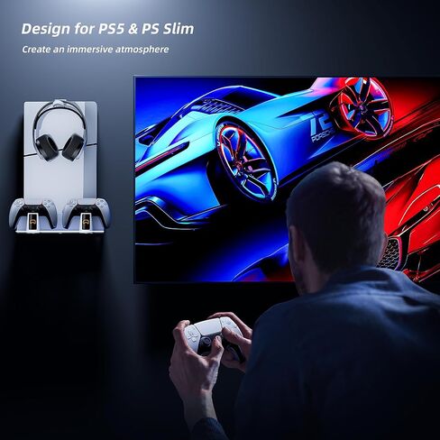 طقم تثبيت على الحائط Mytrix RGB مع محطة شحن مزدوجة لجهاز PS5، حامل على الرف متوافق مع كل من وحدات التحكم PS5 وPS 5 الجديدة النحيفة، حامل معلق على الحائط لملحقات Playstation 5 مع حامل سماعة الرأس in Kuwait