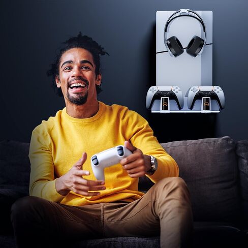 طقم تثبيت على الحائط Mytrix RGB مع محطة شحن مزدوجة لجهاز PS5، حامل على الرف متوافق مع كل من وحدات التحكم PS5 وPS 5 الجديدة النحيفة، حامل معلق على الحائط لملحقات Playstation 5 مع حامل سماعة الرأس in Kuwait