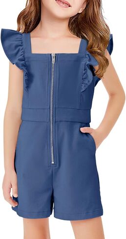Haloumoning Girls Rompers Ruffle Sleeveless Square Neck Cute Short Jumpsuits Summer Outfits 4-14 Years in Saudi Arabia