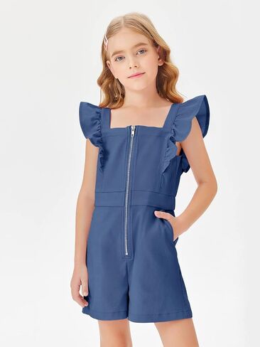 Haloumoning Girls Rompers Ruffle Sleeveless Square Neck Cute Short Jumpsuits Summer Outfits 4-14 Years in Saudi Arabia
