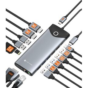 NOVOO USB C Docking Station Dual Monitor, 15 in 1 Docking Station 3 Monitors with 2 HDMI,VGA,USB C/A Ports, 100W PD, RJ45, SD/TF and Audio, Multiport Adapter for MacBook/Dell/iPhone/iPad/HP/Lenovo in Kuwait