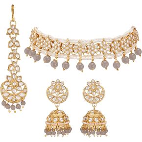 Jwellmart Gold Plated Faux Kundan Pearl Bridal Wedding Choker Necklace Earrings Tika Combo Set Bollywood Party Traditional Fashion Indian Jewelry Jewellery Set for Women in Kuwait