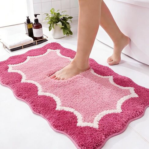 Wylumen Cute Scalloped Rose Pink Bathroom Rugs Mat,Non Slip Absorbent Quick Dry Bath Mats for Shower Room,Microfiber Bath Mats for Bathroom Floor Washable Carpet for Shower Tub Sink Bedroom,20"x32" in Saudi Arabia