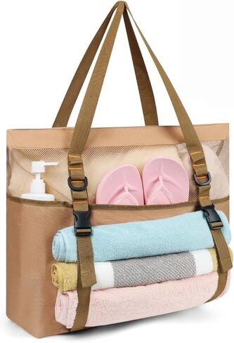 40L Mesh Beach Bag Tote with Zipper Drain Sand for Women Swimming Travel Black 15H 17W 8D inch in Kuwait