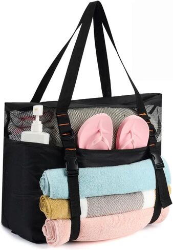 40L Mesh Beach Bag Tote with Zipper Drain Sand for Women Swimming Travel Black 15H 17W 8D inch in Kuwait